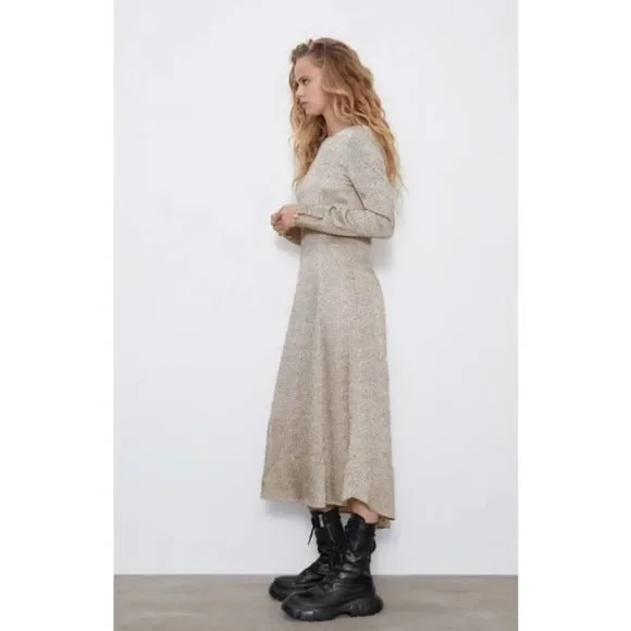 Zara Midi Dress Round Neck Long Sleeve - Picture 5 of 8